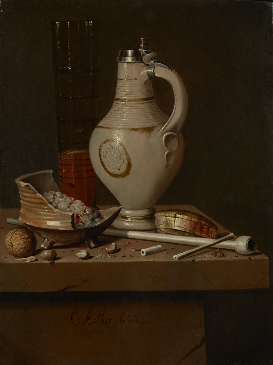 Stilleben med rökredskap och ölmugg, 1664 av Edward Collier