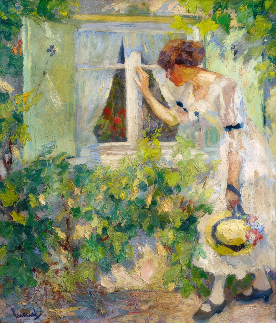 Ung kvinna tittar in genom ett fönster av Edward Cucuel