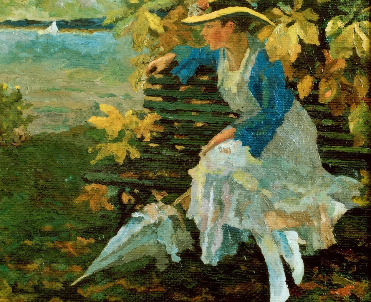 Kvinna på en parkbänk vid en sjö av Edward Cucuel