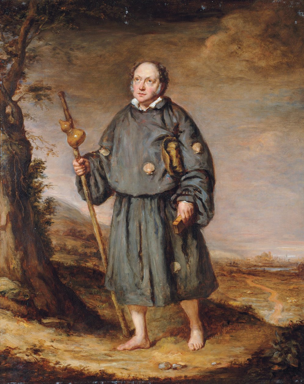 Porträtt av en herre som pilgrim, på ett spår, med en stav med kalebass och en bibel, 1836 av Edward Daniel Leahy