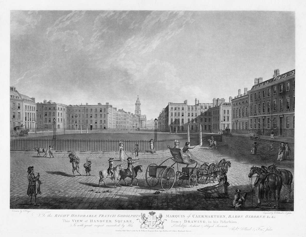 Hanover Square, från en uppsättning av fyra vyer över Londons torg, graverade av Robert Pollard (1755-1838) och Francis Jukes (1747-1812) 1781 (etsning och aquatint) av Edward Dayes