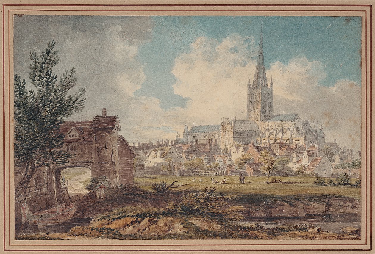 Norwich Cathedral från sydost (blyerts, bläck och akvarell på papper) av Edward Dayes