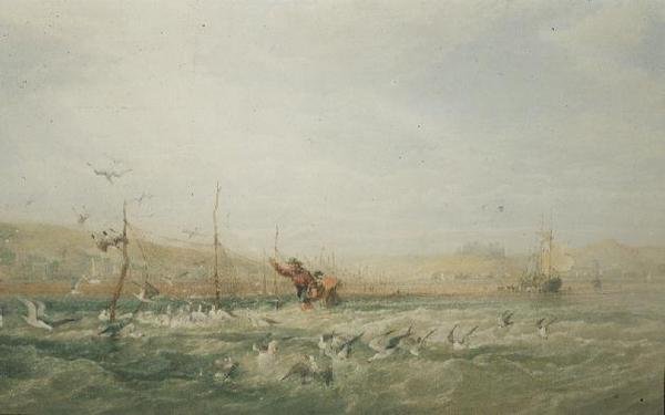 Fiskare som jagar måsar från näten, Mumbles, South Wales av Edward Duncan