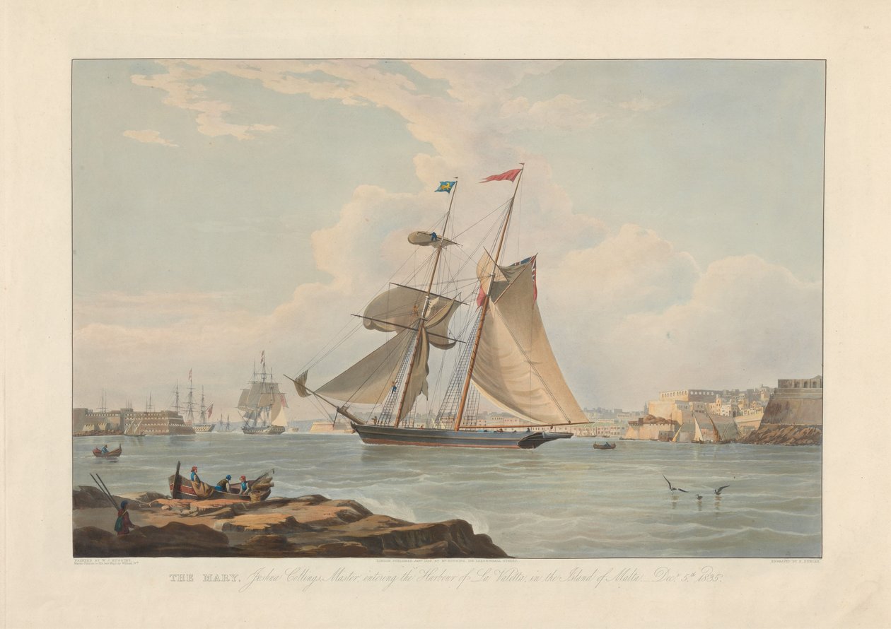 Mary, Joshua Collings, kapten, på väg in i hamnen i La Valletta på ön Malta, 5 dec. 1835 av Edward Duncan