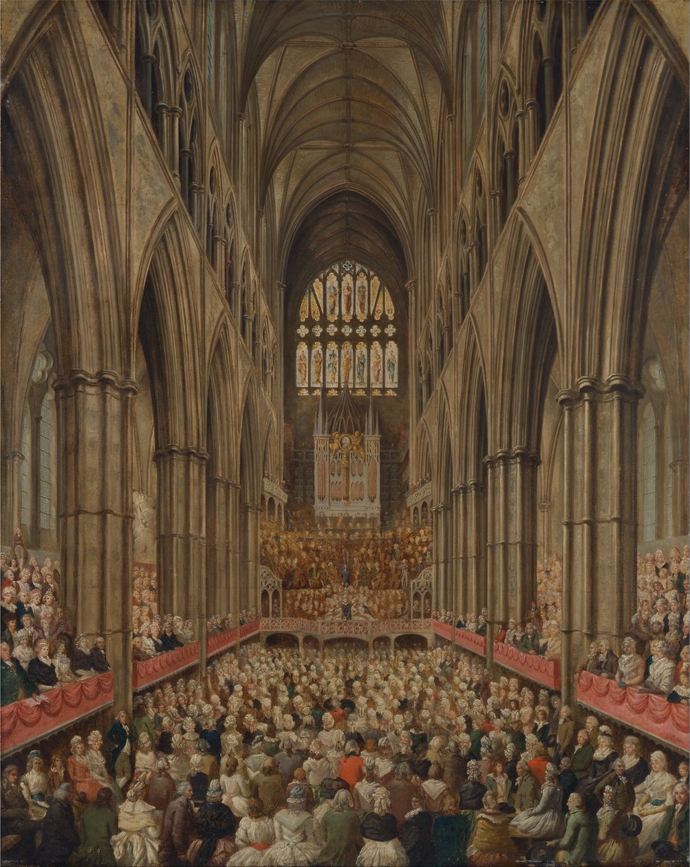 Interiörvy över Westminster Abbey på minnesdagen för Händel, tagen från Manager