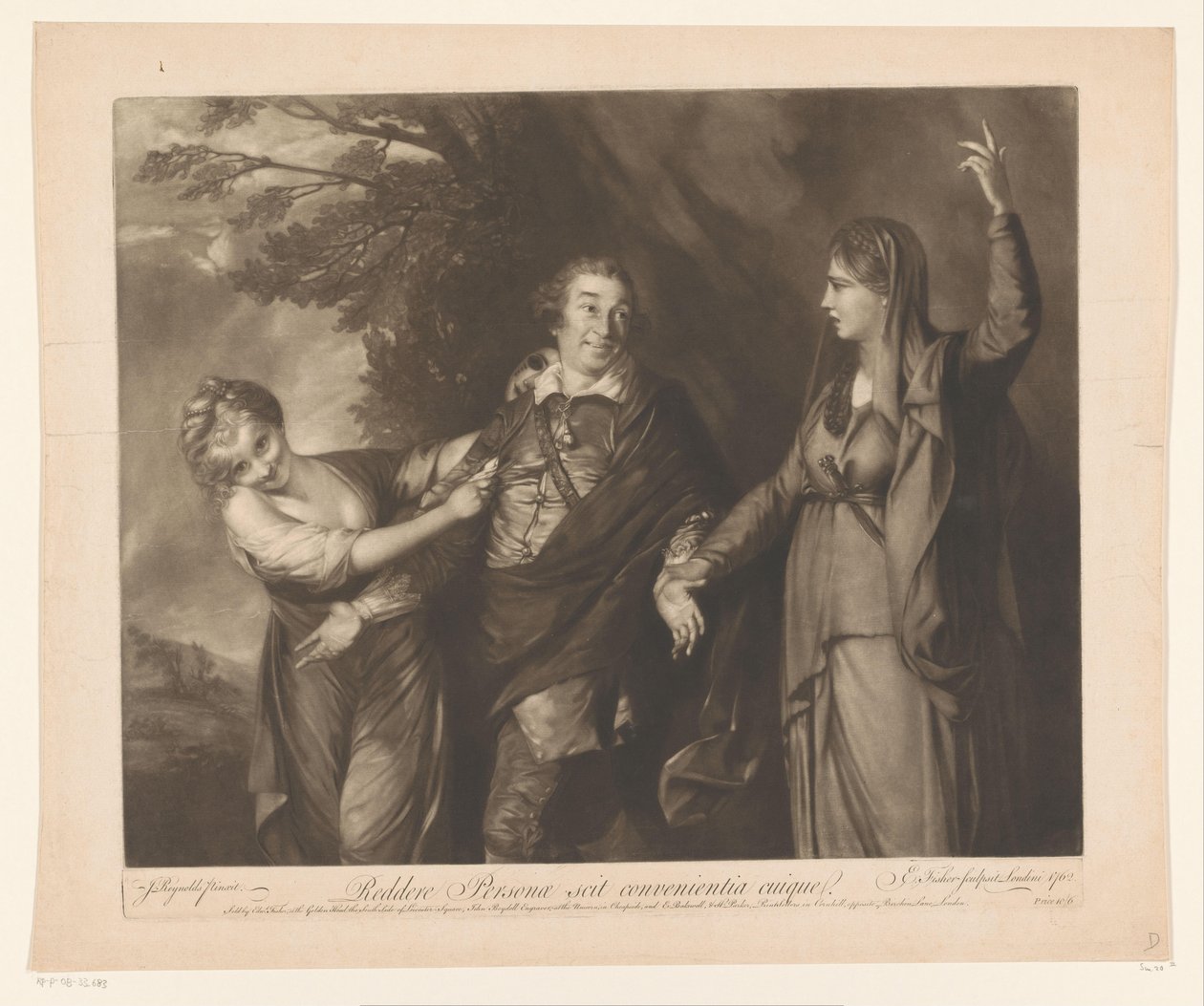 Porträtt av David Garrick mellan personifieringar av komedi och tragedi För att returnera personen känner till lämpligheten för varje (titel på objekt) av Edward Fisher