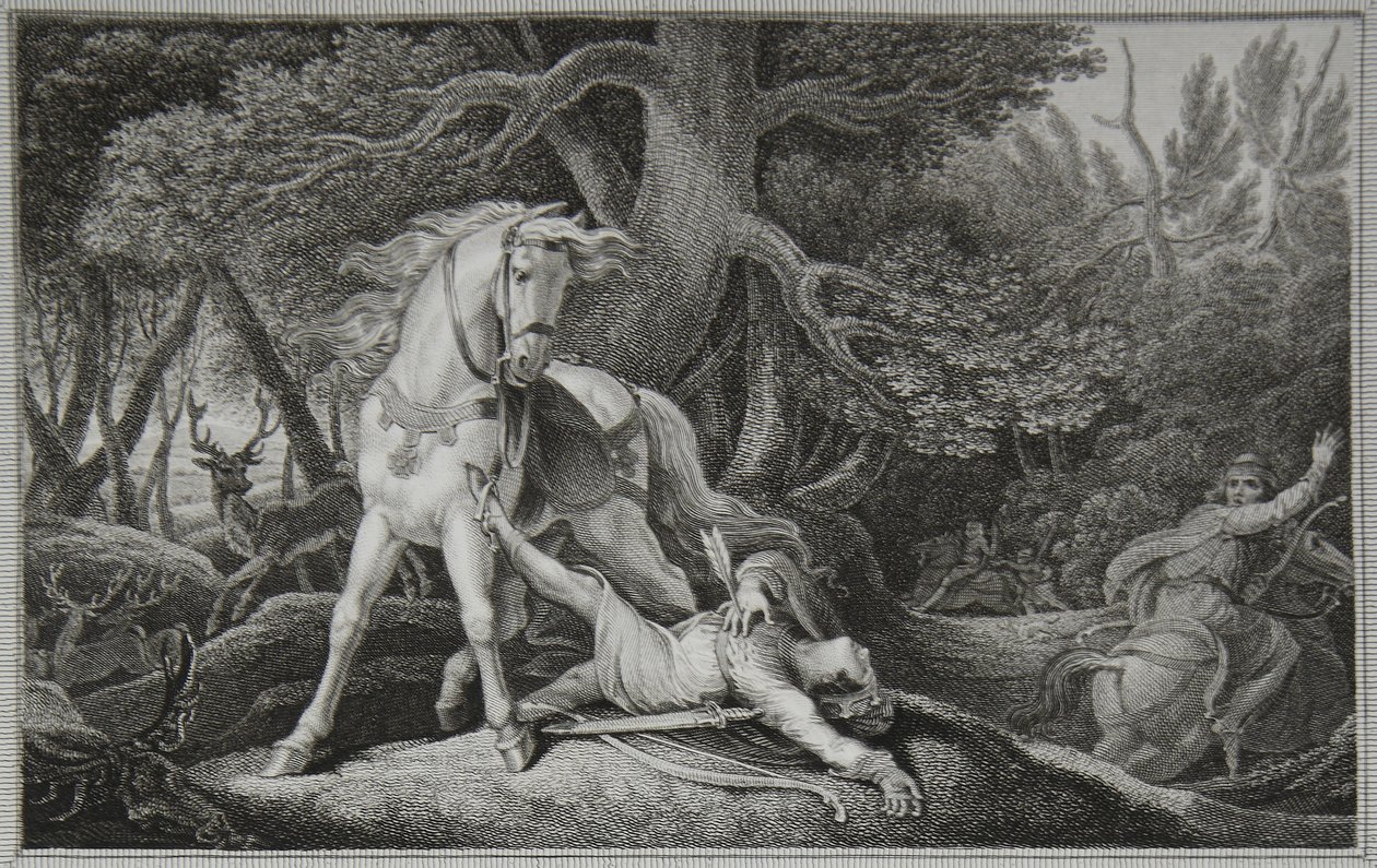 William Rufus död, graverad av Neagle, illustration från David Humes "The History of England", pub. av R. Bowyer, London av Edward Francis (after) Burney
