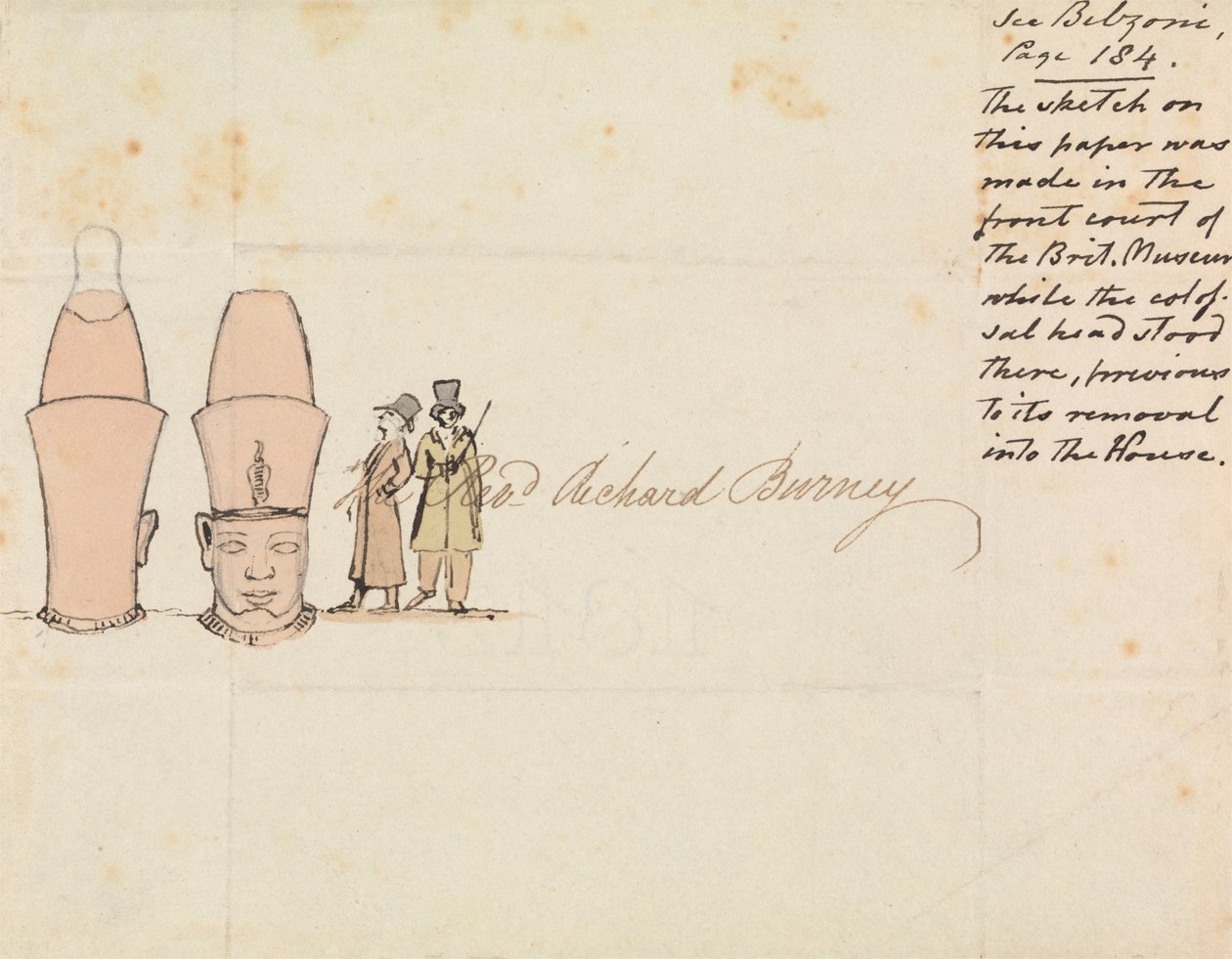 Brev till pastor Richard Burney med teckning av Colossal Head från British Museum Courtyard av Edward Francis Burney