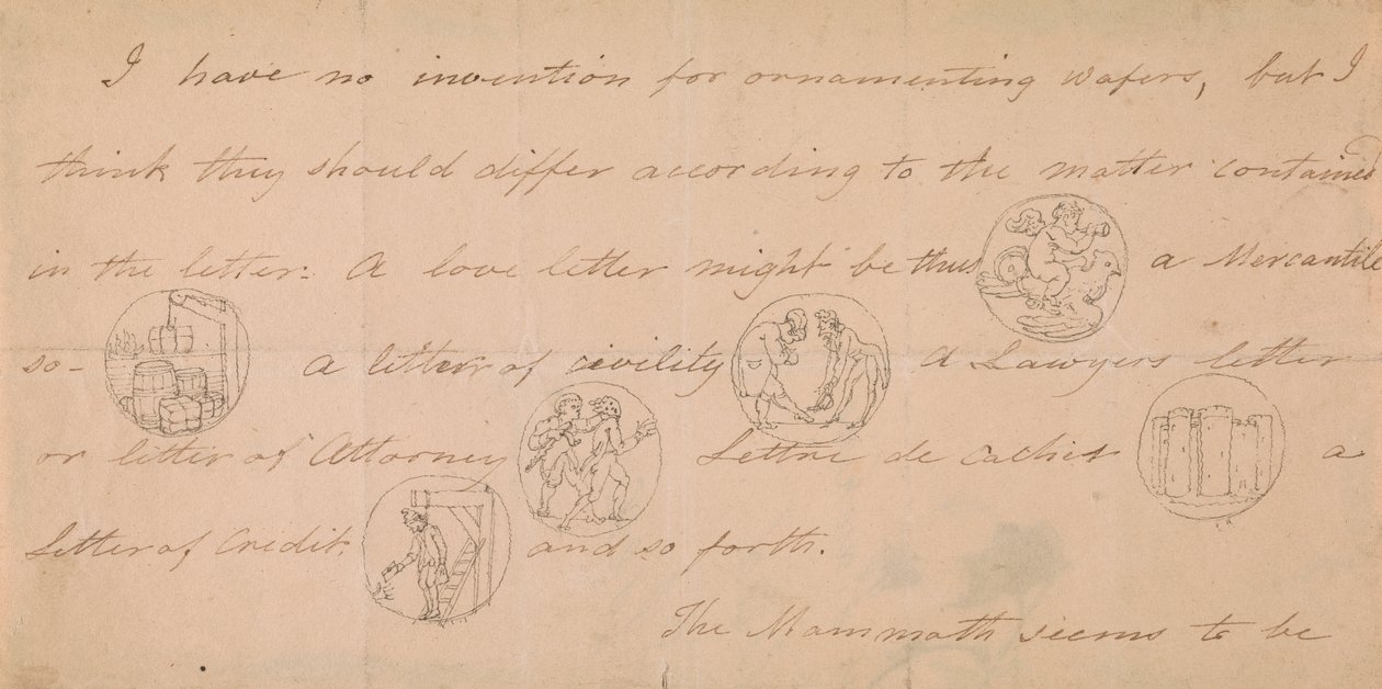 Brev med design för signeter (?) av Edward Francis Burney