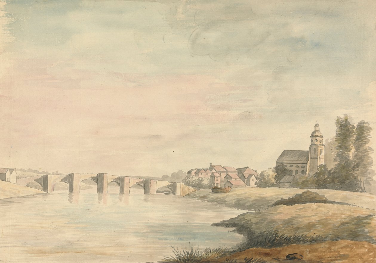 Flodlandskap med bro av Edward Francis Burney