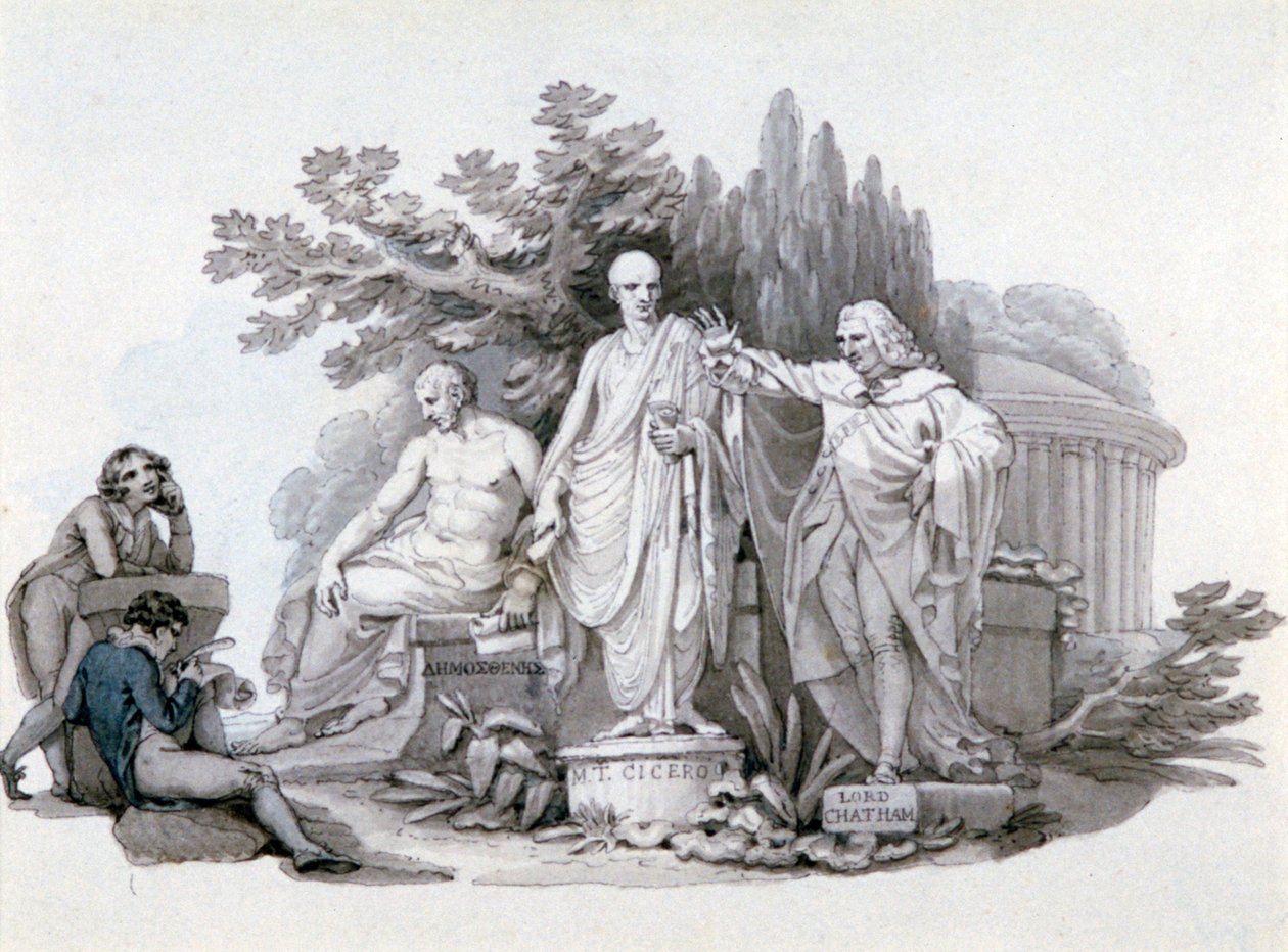 "Två ungdomar som överväger statyer av Demosthenes, Cicero och Pitt", c1780-1848 av Edward Francis Burney