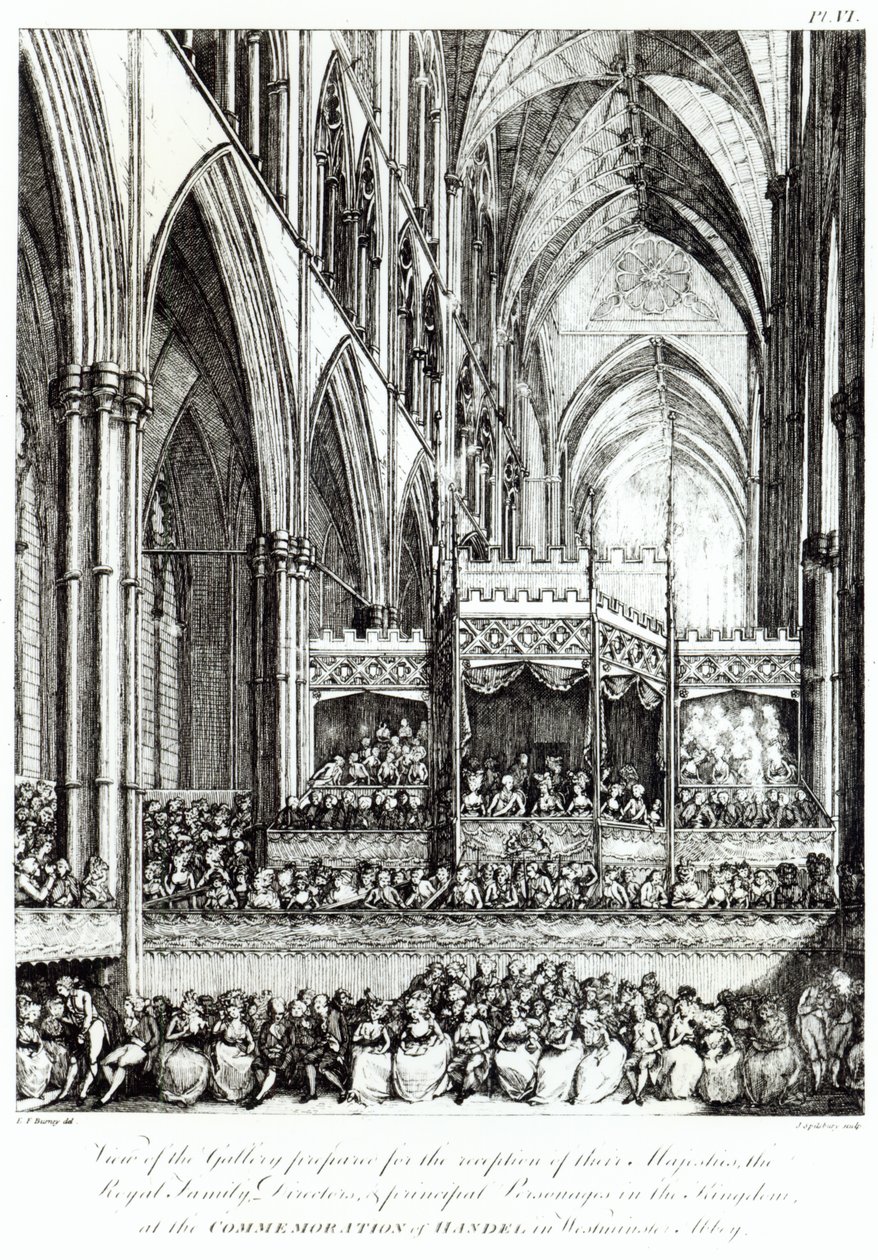Utsikt över galleriet förberett för mottagandet av deras majestäter den kungliga familjen, direktörer och huvudpersoner i kungariket vid minnet av Handel i Westminster Abbey, graverad av Joh av Edward Francis Burney