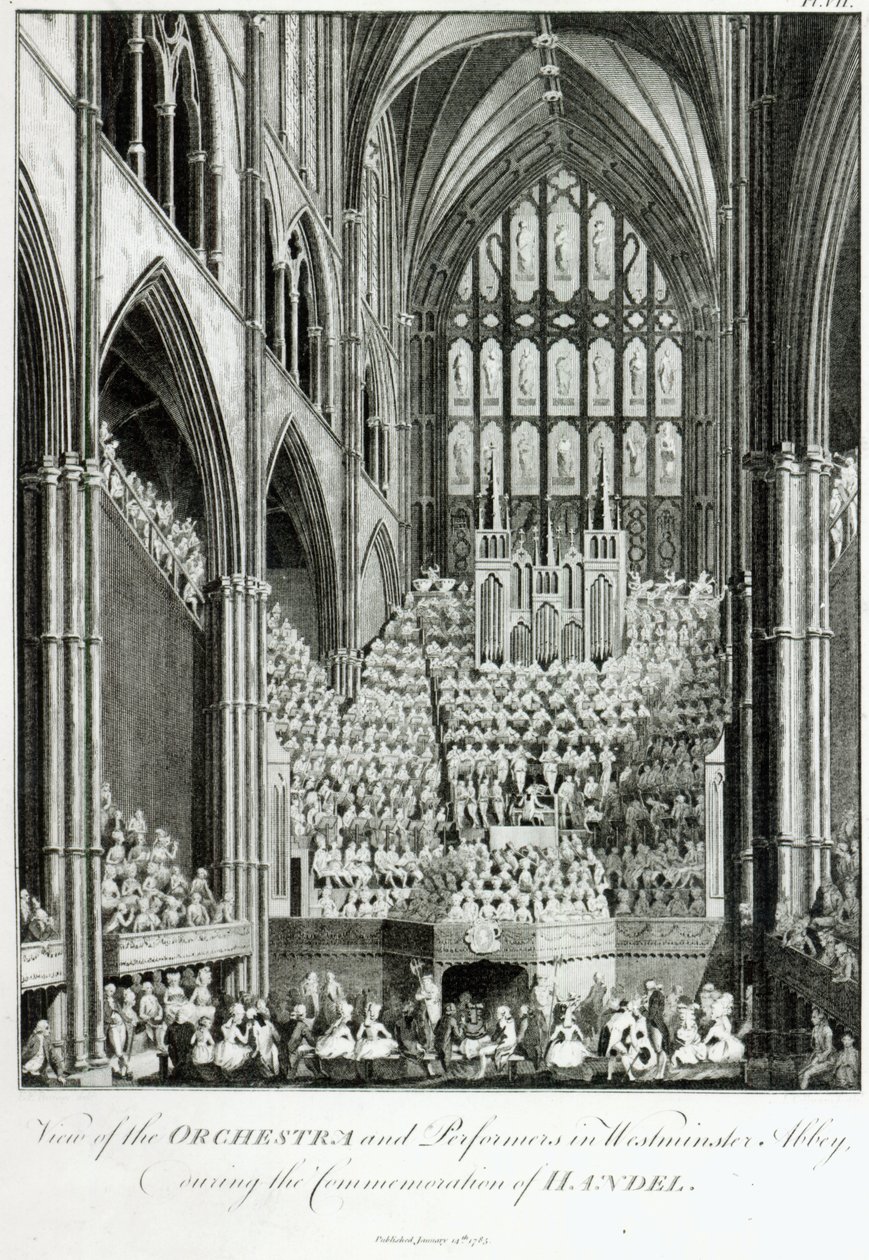 Utsikt över orkestern och artisterna i Westminster Abbey, under minnet av Handel, publicerad av Charles Burney, 1785 av Edward Francis Burney