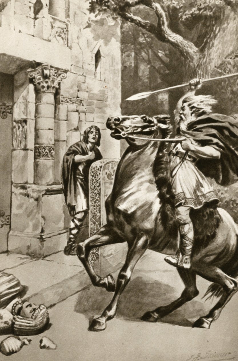 Översteprästen Coifi rider uppför Goodmanham Lane för att krossa idolerna, illustration från "Little Treasure Island" av Arthur Mee