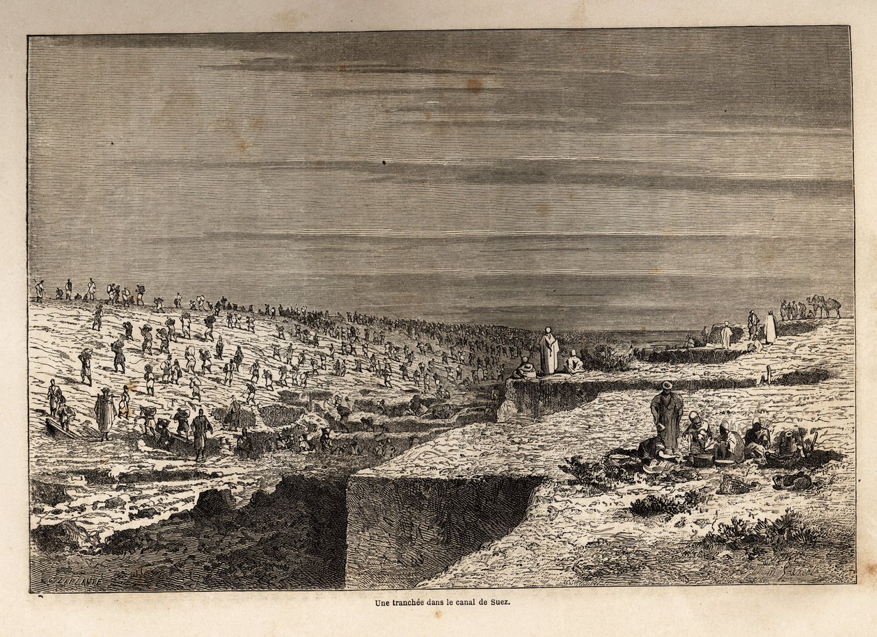 En skyttegrav i Suezkanalen, teckning av Grenet, för att illustrera en utflykt till Suezkanalen 1862 av Paul Merruau. Gravyr i "" Le tour du monde"", redigerad av Edouard Charton av Edward Grenet