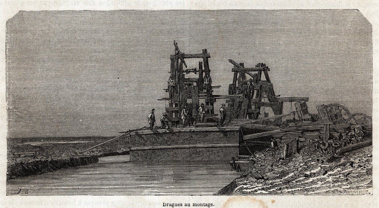 Muddrar på Suezkanalen, teckning av Grenet, för att illustrera en utflykt till Suezkanalen 1862 av Paul Merruau. Gravyr i "" Le tour du monde"", redigerad av Edouard Charton av Edward Grenet