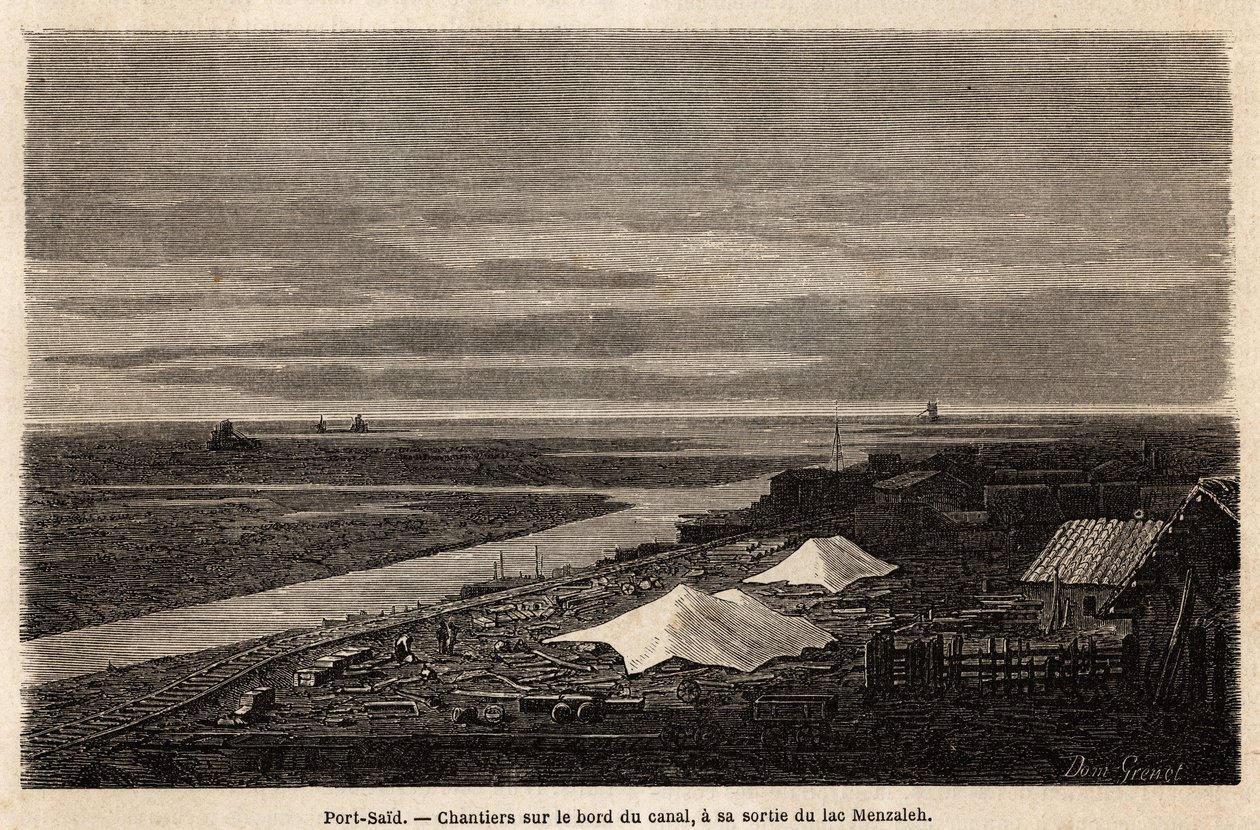 Port Said-varven, på kanten av Suezkanalen, vid dess utlopp från Lake Menzaleh, ritning av Grenet, för att illustrera en utflykt till Suezkanalen, 1862, av Paul Merruau. Gravyr i "" Le tour du monde"", redigerad av Edouard Charton av Edward Grenet