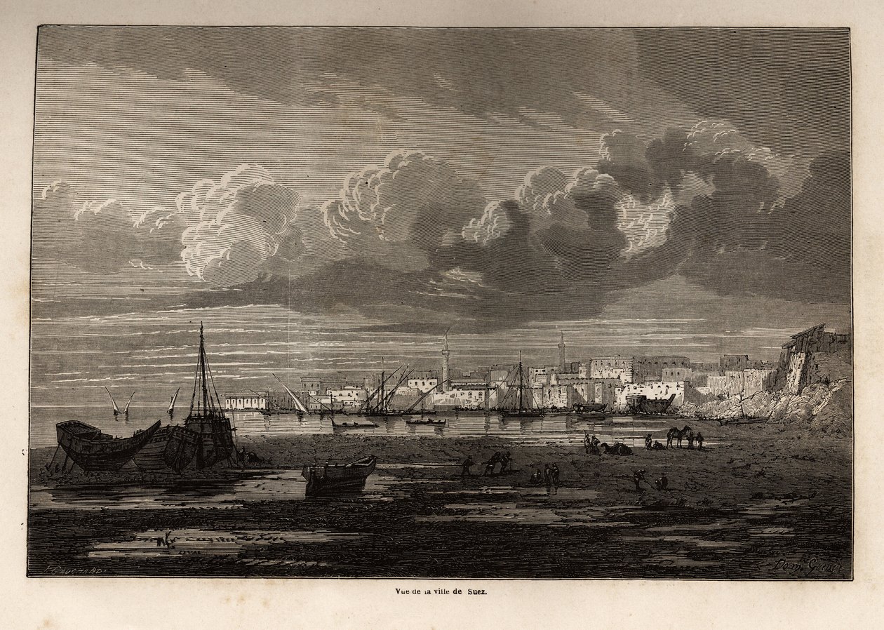 Utsikt över staden Suez (Egypten), teckning av Grenet, för att illustrera en utflykt till Suezkanalen, 1862, av Paul Merruau. Gravyr i "" Le tour du monde"", redigerad av Edouard Charton av Edward Grenet
