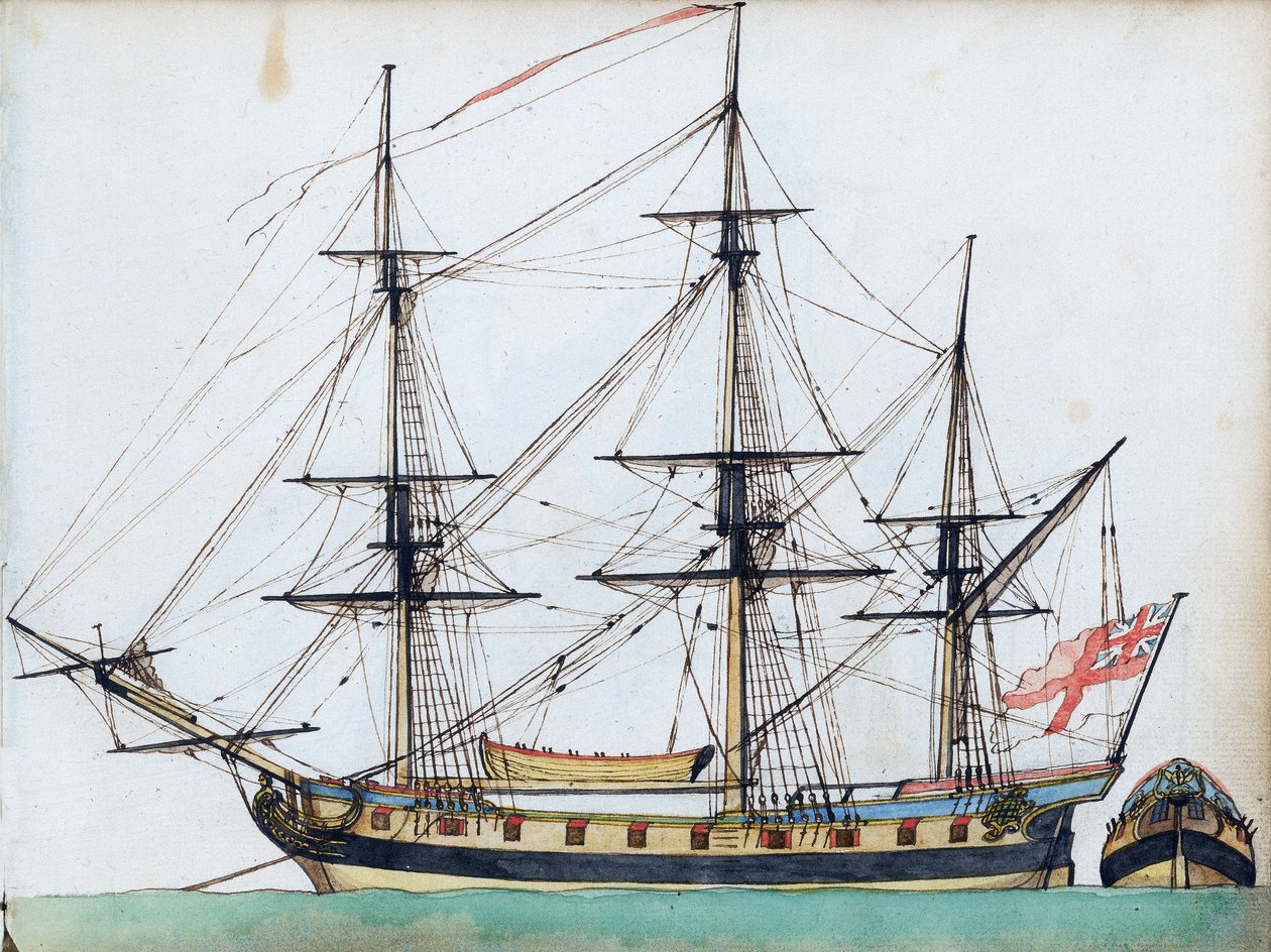 Brittiskt fartyg med 20 kanoner, med rigg och skeppsbåt samt separat vy av aktern, ca 1780 (akvarell, penna  bläck ) av Edward Gwyn