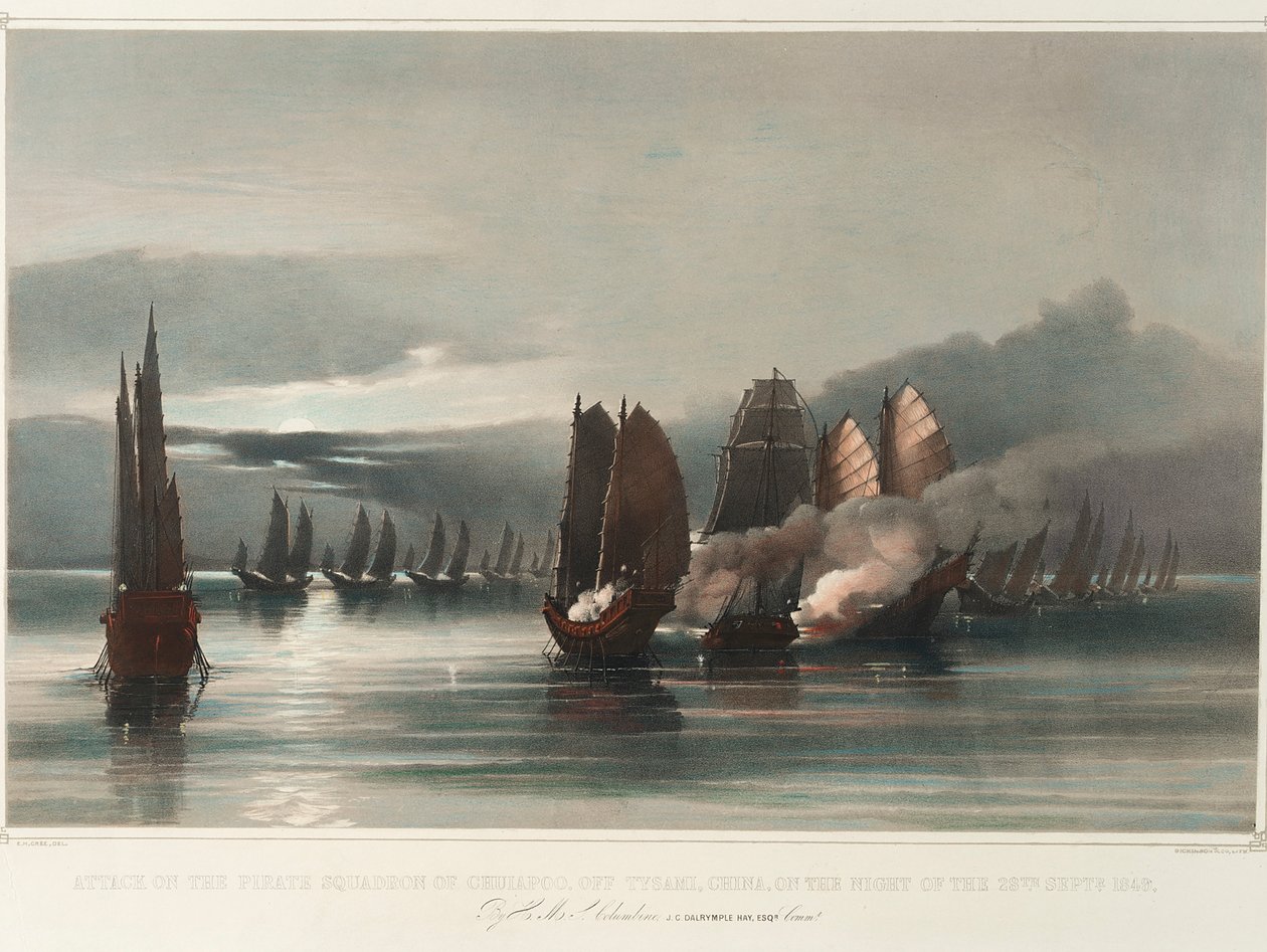Attack mot piratskvadronen Chuiapoo utanför Tysami i Kina natten till den 28 september 1849 av HMS Columbine, J C Dalrymple Hay, Esqr, Commr, ca 1849 (tryck, litografi, kolorerad) av Edward Hodges Cree