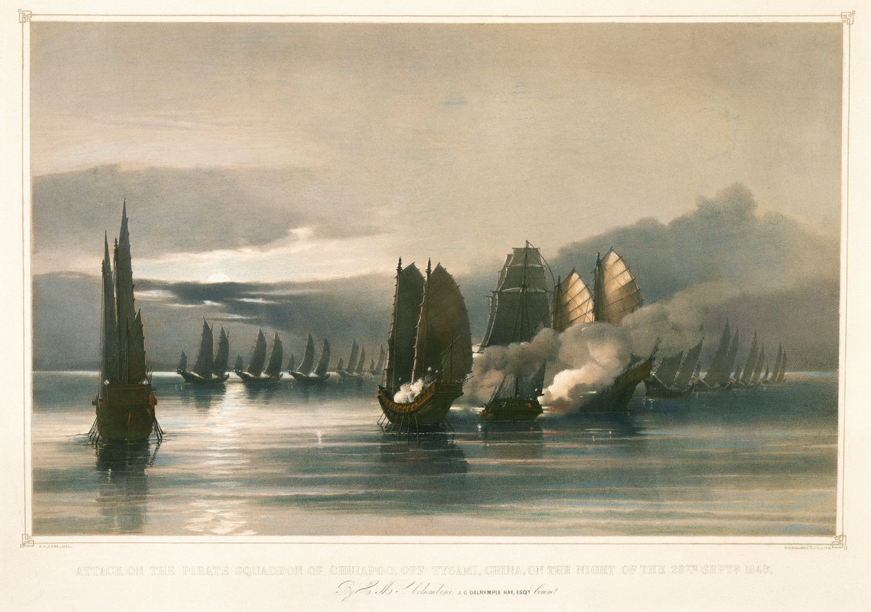 Attack mot pirateskadren Chuiapoo utanför Tysami, Kina, 28 september 1849, mitten av 1800-talet (litografi) av Edward Hodges Cree