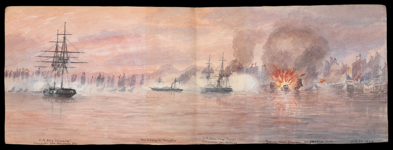 Private Illustrated Journal of Dr E H Cree, volym XII 1849, utvikning på motsatt sida 73-74, "Attacken på piratflottan Shap-ng-tsai i Tonquin River" 21 oktober 1849 CRJ12 (målning) av Edward Hodges Cree