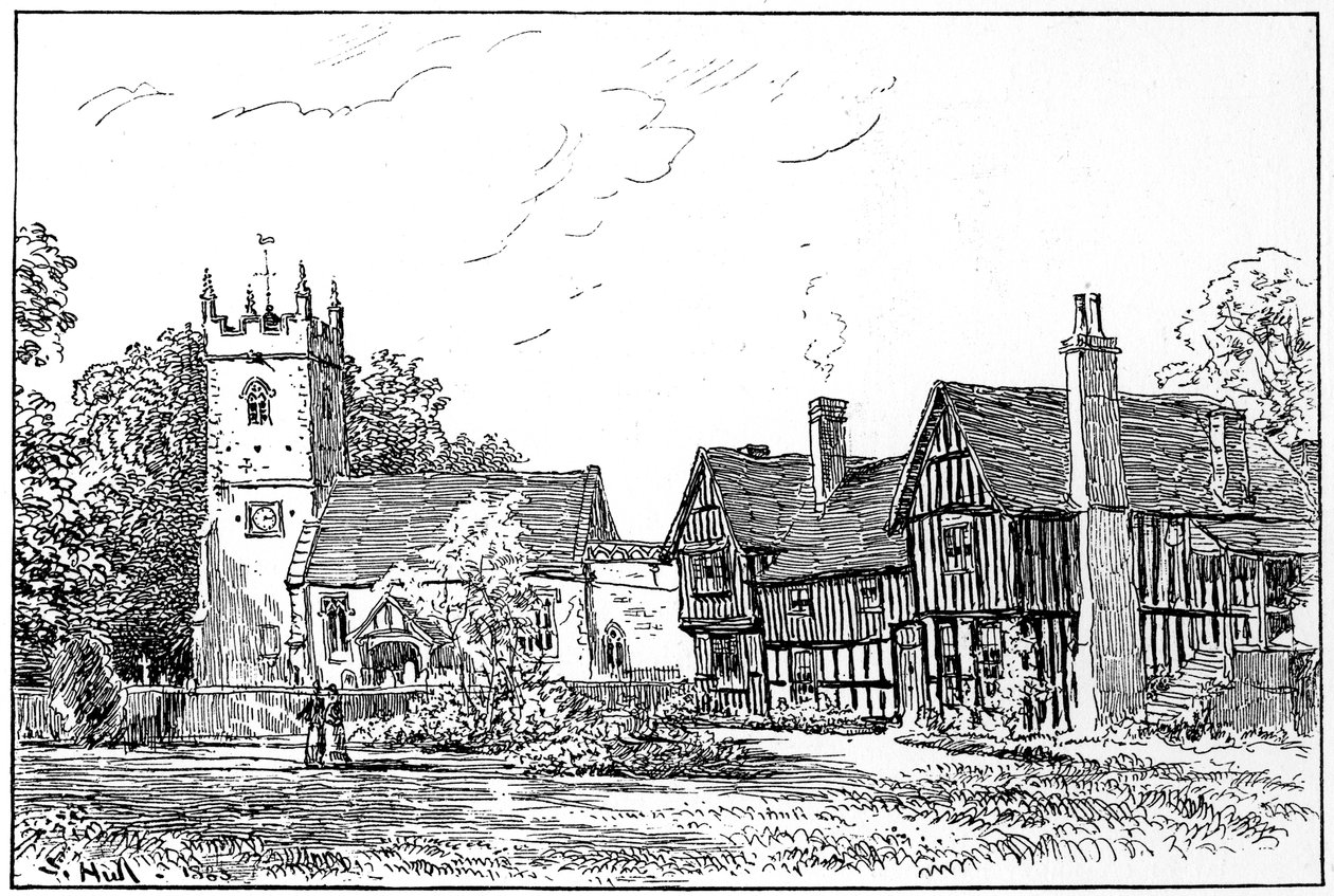 Clifford kyrka och gamla hus, Stratford-upon-Avon, Warwickshire, 1885. av Edward Hull