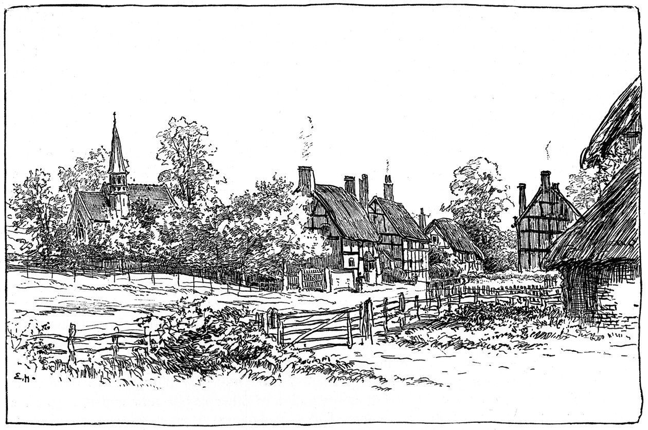 Byn Luddington och den nya kyrkan, Warwickshire, 1885. av Edward Hull