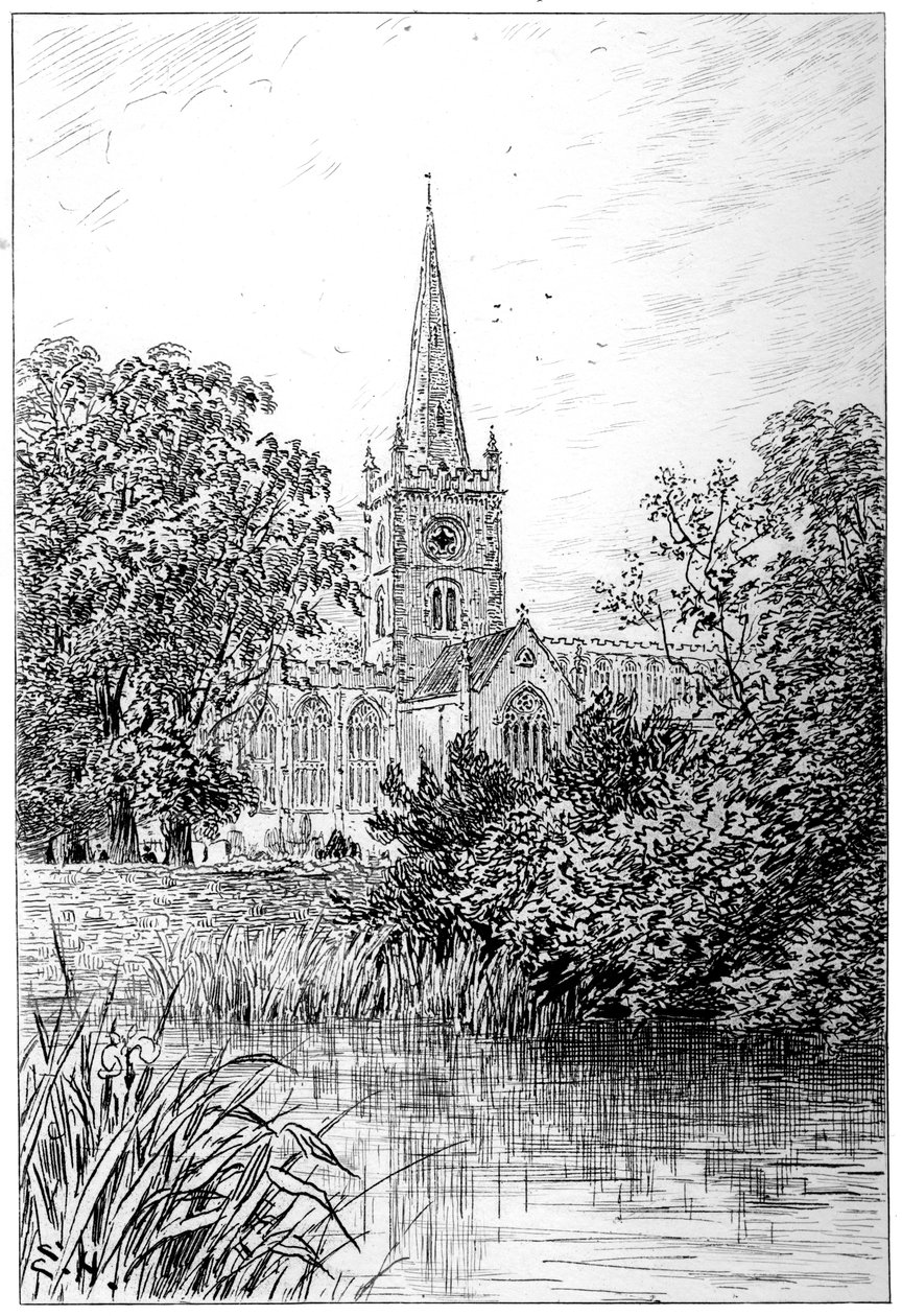 Stratford kyrka sett från floden, Stratford-upon-Avon, Warwickshire, 1885. av Edward Hull