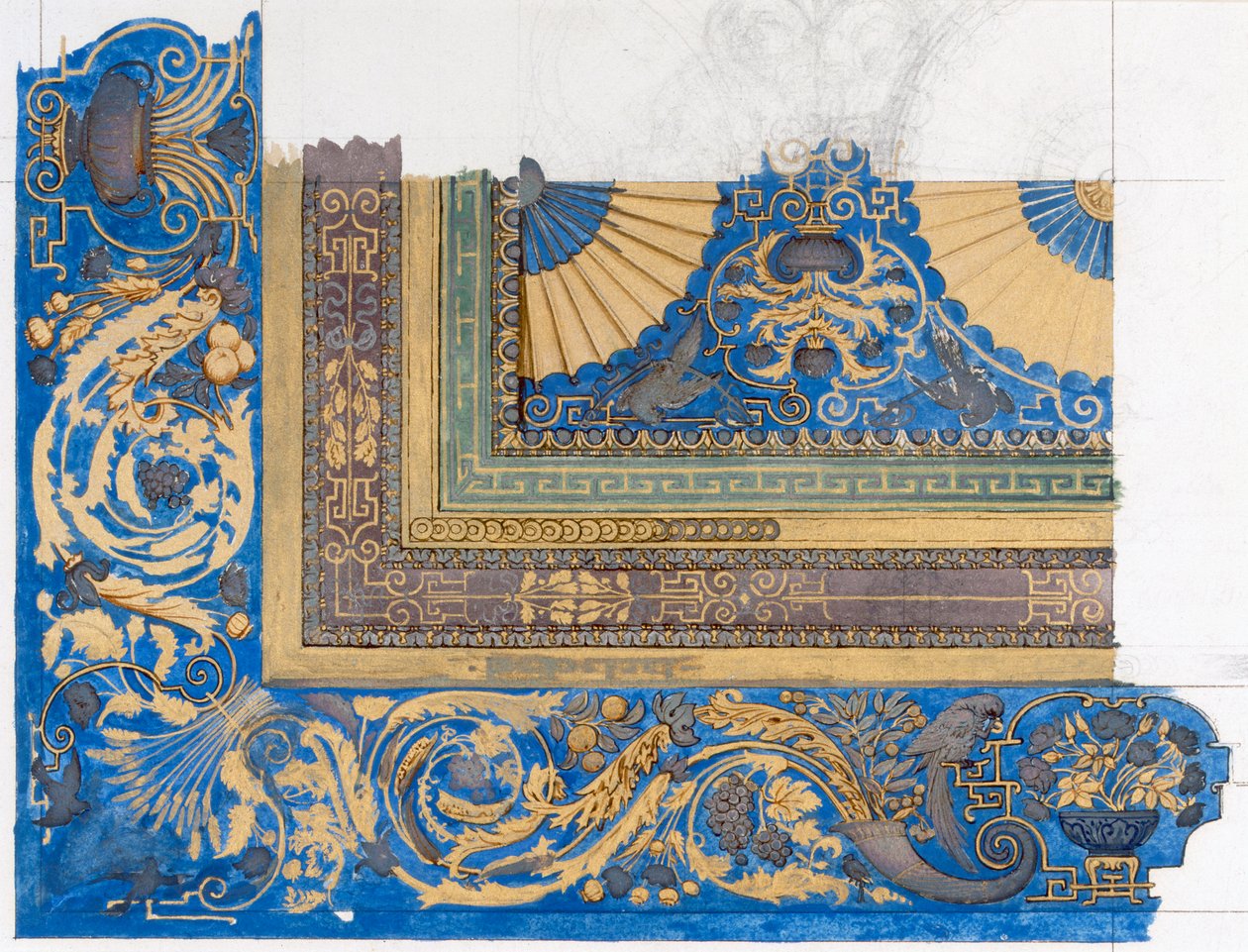 Design för mitttaket i biljardrummet i Wortley Hall (penna, bläck och wc på papper) av Edward John Poynter