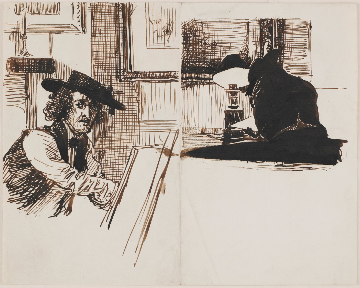 Whistler-teckning Poynter, bakifrån av en man som sitter vid ett bord nära en upplyst lampa, 1860. av Edward John Poynter