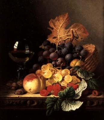 En korg med vindruvor, hallon, en persika och ett vinglas på ett bord (olja på duk) av Edward Ladell