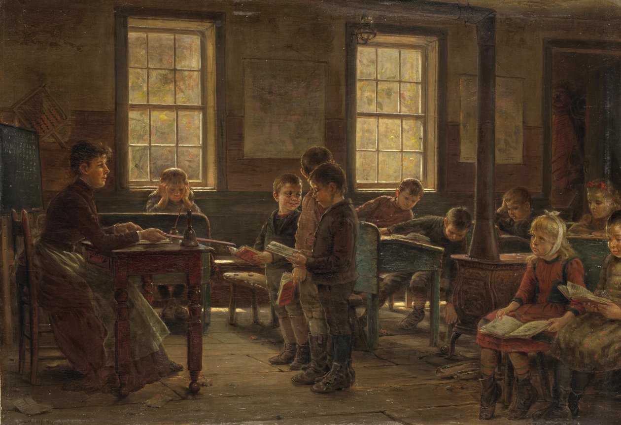 A Country School, 1890 (olja på duk monterad på kompositionstavla) av Edward Lamson Henry