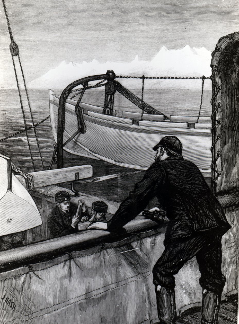 Den arktiska expeditionen - "Alert" nära Holsteinborg på Grönland: Sternpost Cutter of Iceboat on Skids, publicerad i "The Graphic", graverad av J. Nash, 1875 av Edward Lawton Moss