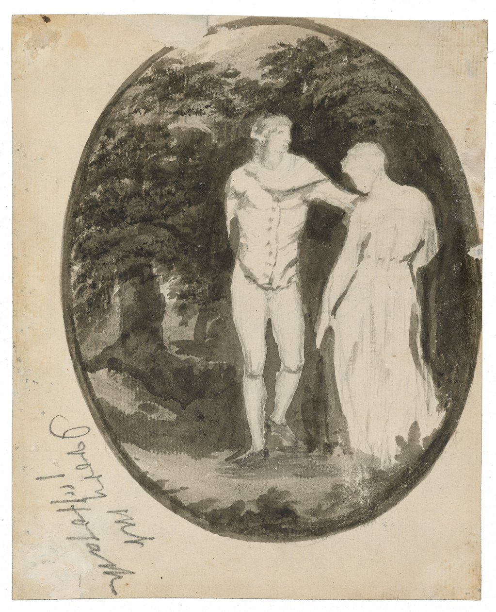 Ett par i ett skogslandskap i en oval (verso), ca. 1838-1848 (bläck och tvätt på lagt papper) av Edward Lear