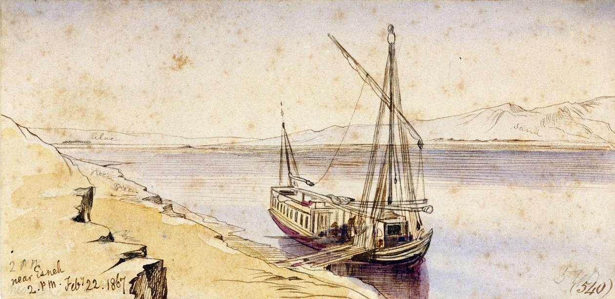 En traditionell egyptisk båt lägger till vid Nilens strand, nära Esneh (Egypten). Akvarellteckning i färg av Edward Lear