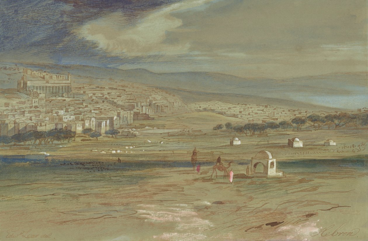 En vy över staden Hebron med kameler och figurer i förgrunden av Edward Lear
