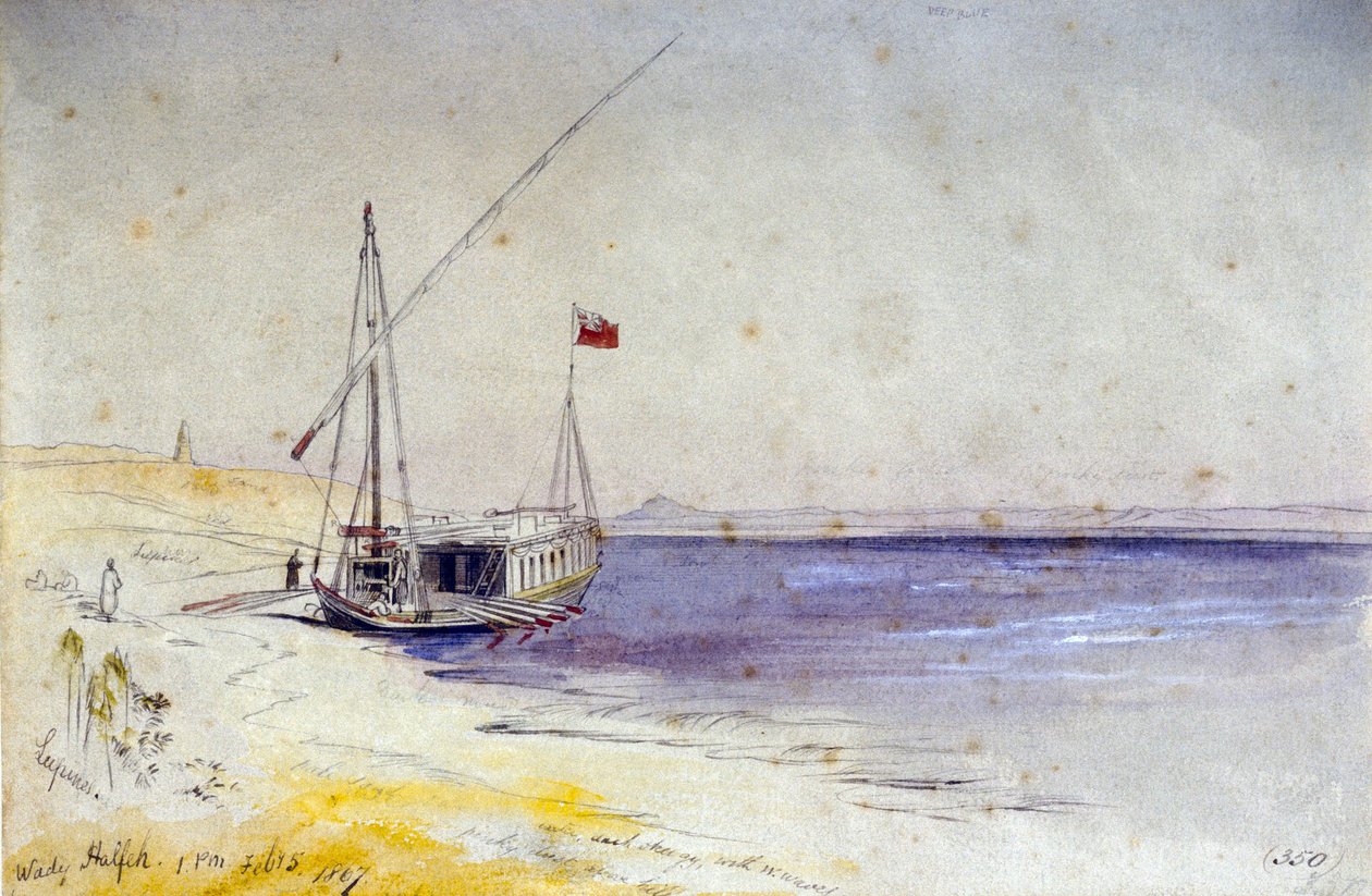En egyptisk båt ligger vid Nilens strand, nära Wady Halfeh (Egypten). Akvarellteckning i färg av Edward Lear