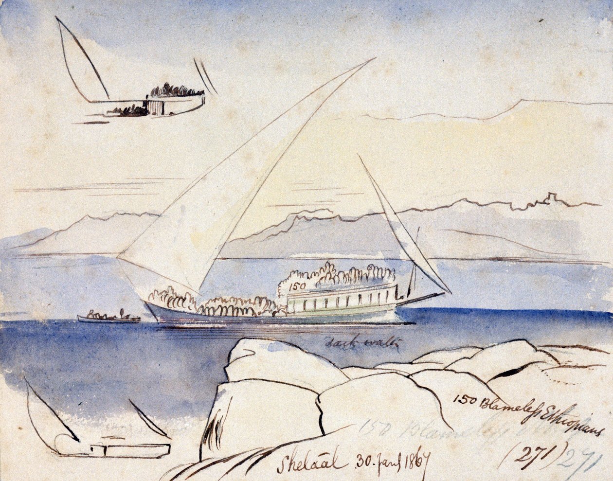 En egyptisk dhow på Nilen, nära Shetaal (Egypten). Akvarellteckning i färg av Edward Lear