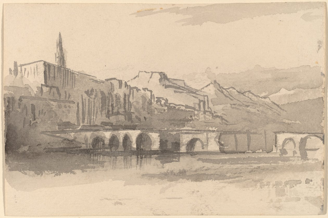 Bro med berg i fjärran Ventimiglia, 18841885. av Edward Lear
