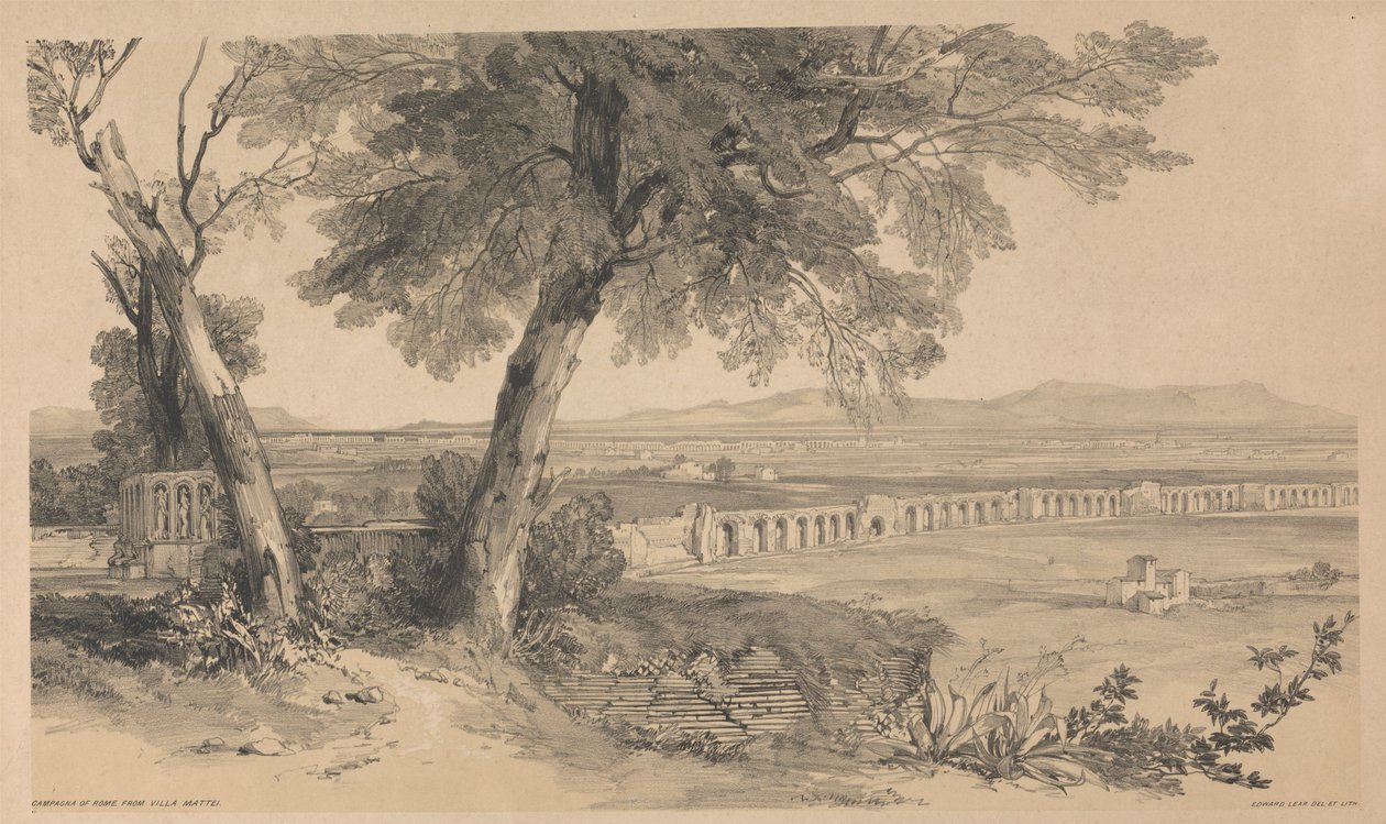 Roms landsbygd sedd från Villa Mattei, ur ”Vyer i Rom och dess omgivningar”, 1841 av Edward Lear