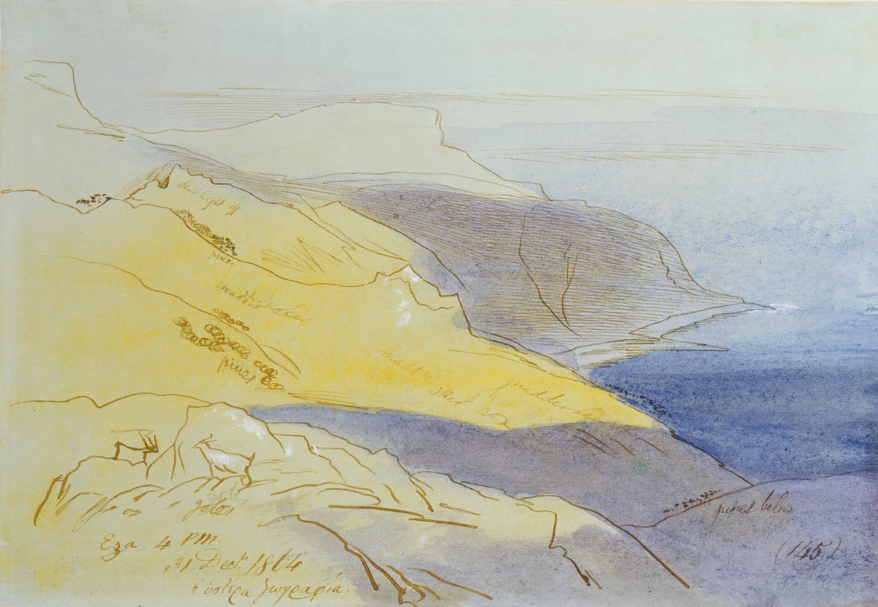 Coastal Landscape, Eza, 1864 (wc, penna och bläck på papper) av Edward Lear