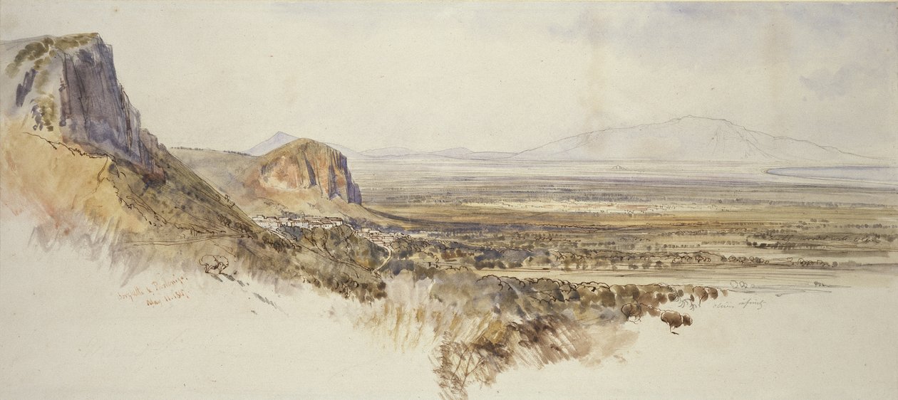 Avlägsen utsikt över Borghetto och Partenico, Sicilien, 1847 (penna och brunt bläck med akvarell och grafit på benvitt papper) av Edward Lear
