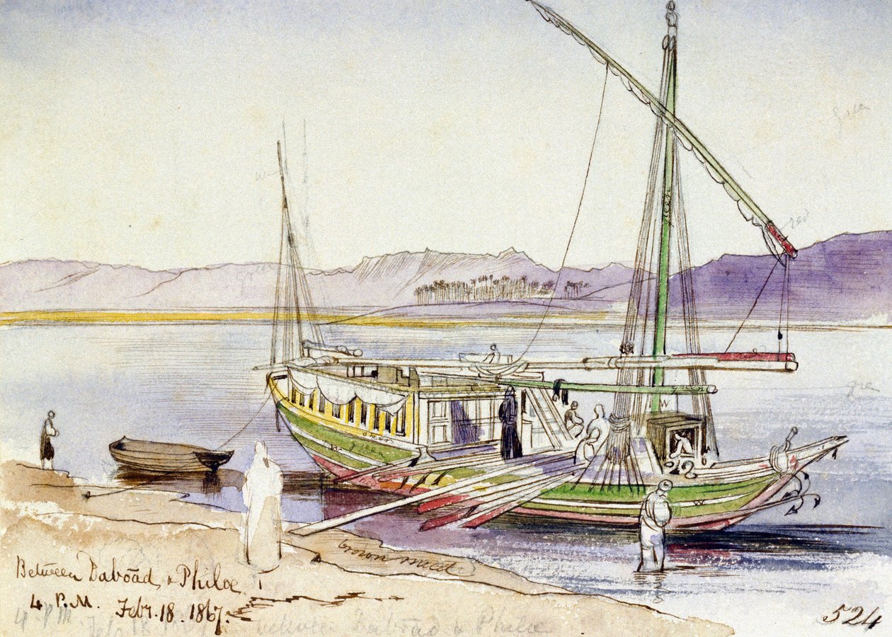Egyptisk båt förtöjd vid Nilens strand, mellan Daboad och Phila (Egypten). Akvarellteckning i färg av Edward Lear