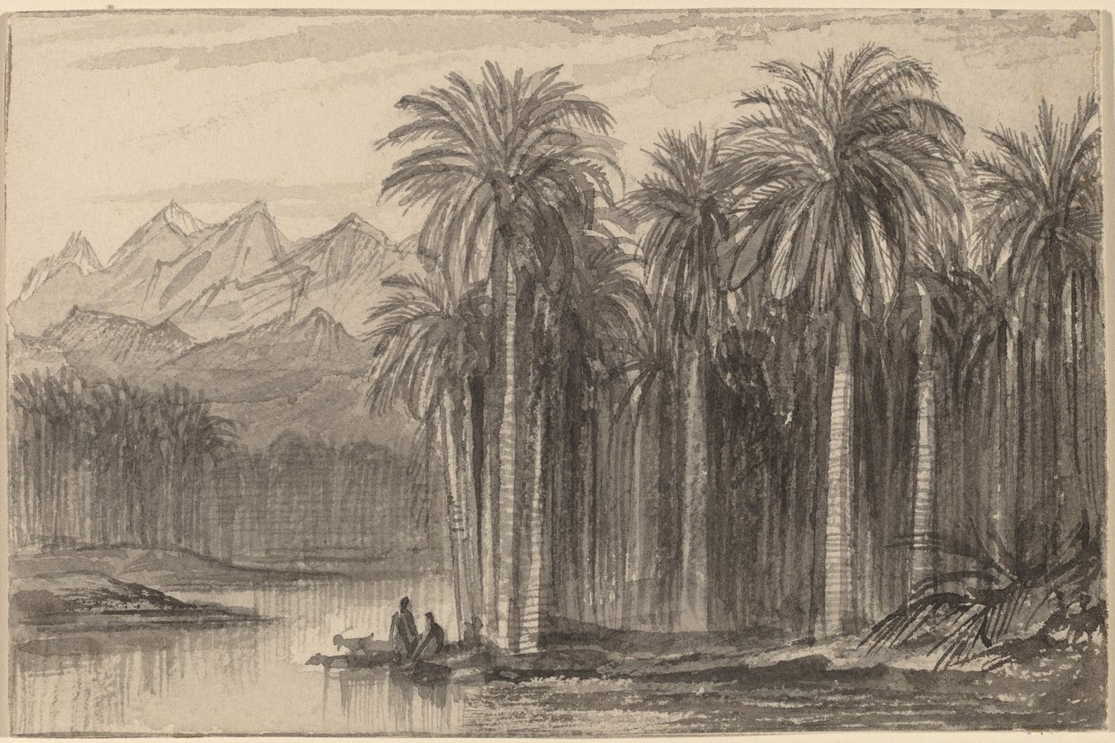 Figurer som ger sig ut i kanoter från en palmlund (Wady Feiran) av Edward Lear
