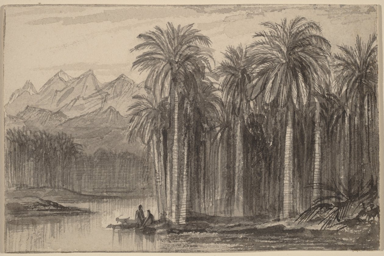Figurer som ger sig iväg i kanoter från en palmlund (Wady Feiran) av Edward Lear