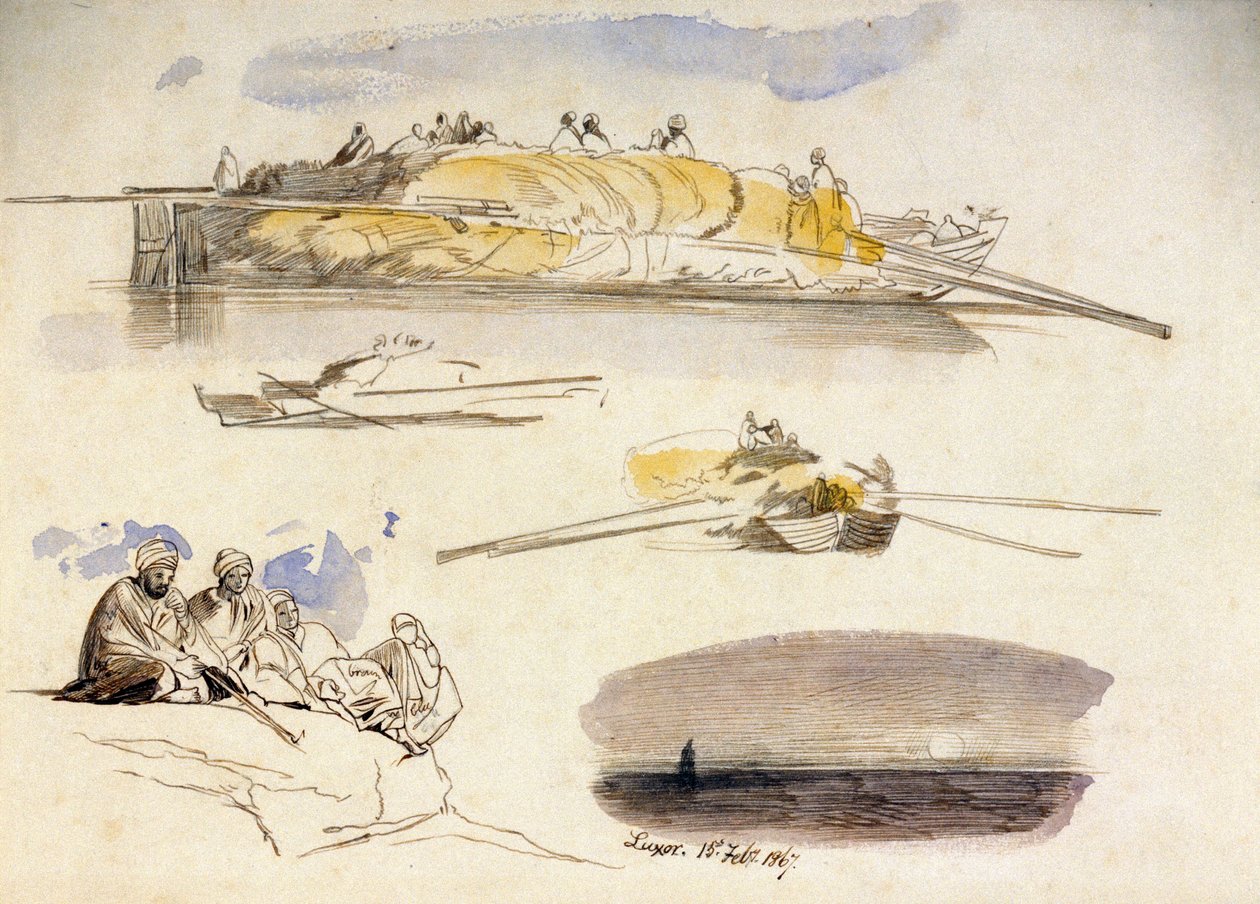 Fem skisser av Luxor (Egypten), tre vyer av en husbåt lastad med halm, en skiss av fem sittande egyptier och ett landskap i skymningen av Edward Lear