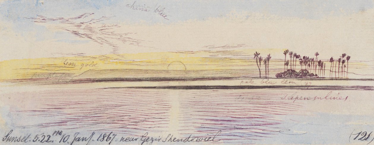 I närheten av Gezir Shendowiel; solnedgång, kl. 17.22, den 10 januari 1867 (121) av Edward Lear