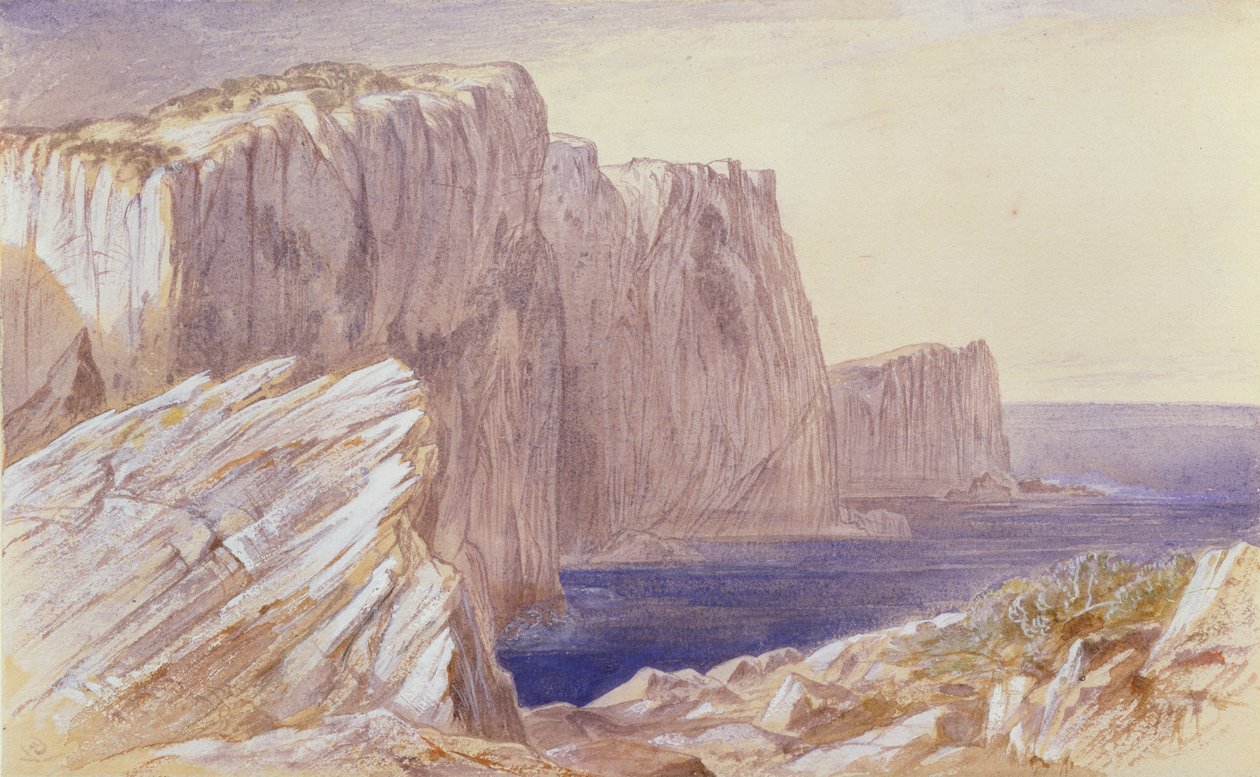 Sapphos Leap (Leucatas) Lefkas (wc över penna förhöjd med vitt på papper) av Edward Lear