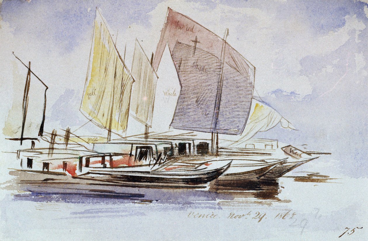 Studier av venetianska båtar med fulla segel, styrbords vy. Kolorerad akvarellteckning, av Edward Lear (1812-1888). av Edward Lear